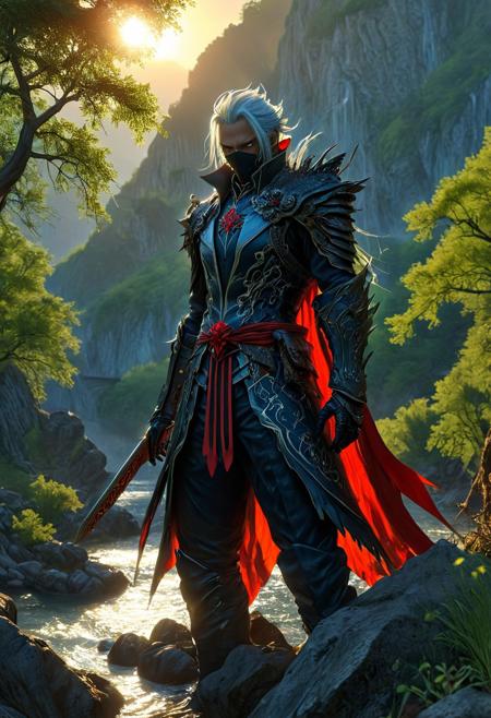 A striking and awe-inspiring graphic novel scene depicts the sinister Boss Rouge assassin, the armored leader of his clan from Final Fantasy 15. He stands ominously atop a riverbank, illuminated by the soft light of the setting sun, with trees casting a mesmerizing glow. The assassin's tattered white armor is embellished with delicate red accents and a flowing cape, incorporating dark fantasy and Lovecraftian elements. The artist's expert 3D rendering creates a cinematic experience, engulfing viewers within this atmospheric setting.
The harmonious fusion of vibrant painting, architecture, portrait photography, anime, poster, photo, cinematic, and other artistic elements culminates in this visual masterpiece, showcasing elements of dark fantasy, fashion, and ukiyo-e art.