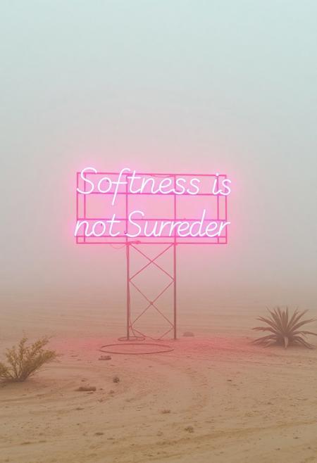 a movie still a pink neon sign that says ((“Softness is not Surrender”)), minimalistic in a desert setting, dust and fog