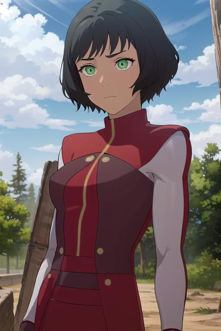 avataropal, <lora:avatar opal-lora-nochekaiser:1>,
opal, short hair, black hair, (green eyes:1.2), dark skin, dark-skinned female,
BREAK gloves, boots, fingerless gloves, uniform, turtleneck, (red uniform:1.5),
BREAK outdoors, forest, nature, grass, trees, sun, sky, clouds,
BREAK looking at viewer, (cowboy shot:1.5),
BREAK <lyco:GoodHands-beta2:1>, (masterpiece:1.2), best quality, high resolution, unity 8k wallpaper, (illustration:0.8), (beautiful detailed eyes:1.6), extremely detailed face, perfect lighting, extremely detailed CG, (perfect hands, perfect anatomy),