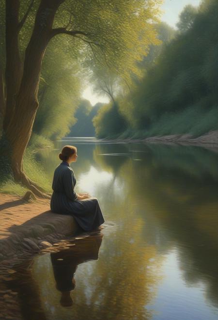 Roots of Reflection
Prompt: A woman sitting beside a flowing river, gazing into her reflection as leaves float by. Combines Emile Claus’s gentle light play, Don Jacot’s hyperrealistic reflections, and Robert Cottingham’s lifelike textures, capturing the fleeting, meditative moment.
photorealism, hyperrealism and hyperdetailing ,a UHD masterpiece photography.