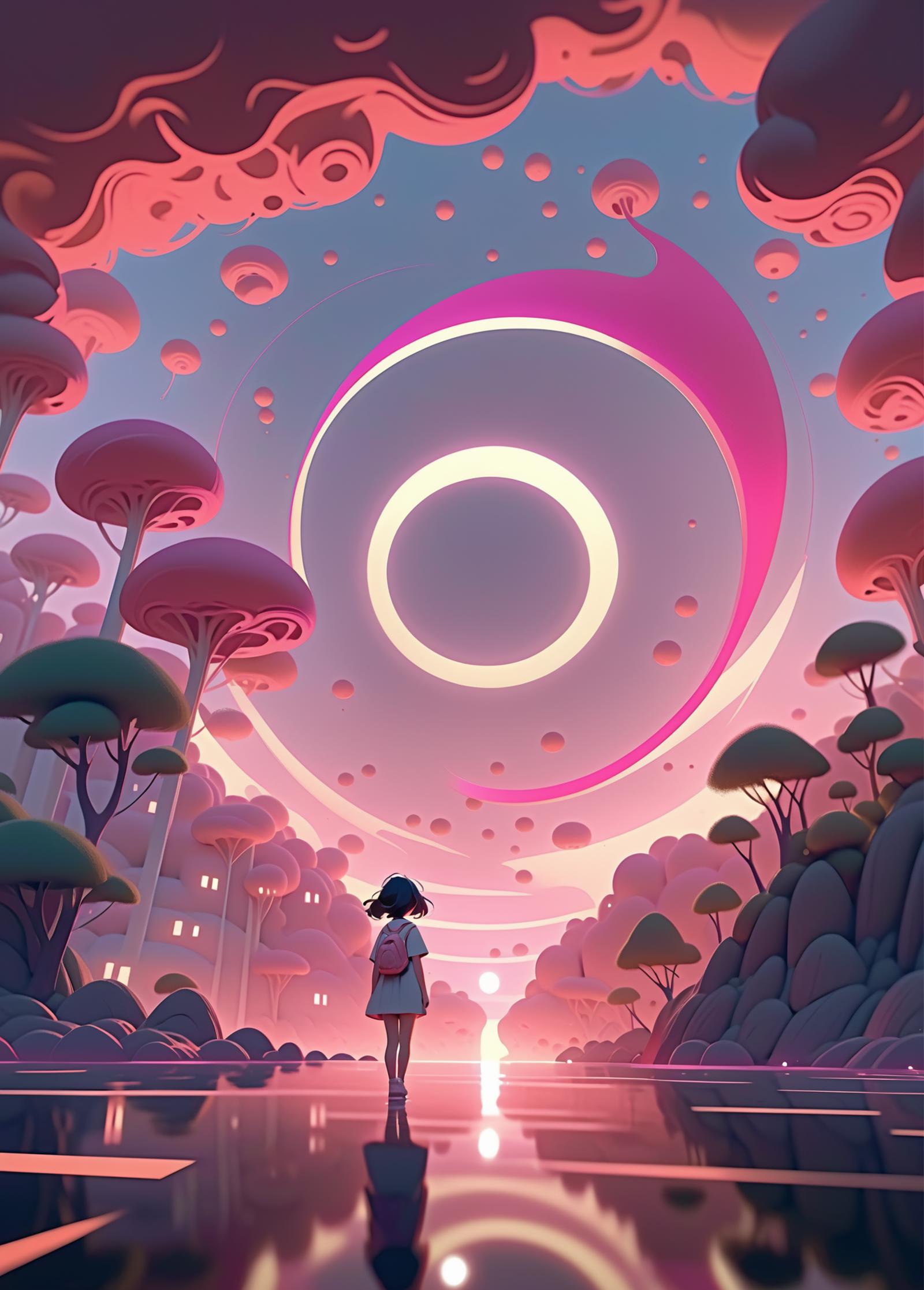 A Girl Standing in Front of a Pink Circle with Mushrooms in an Anime Style Illustration.