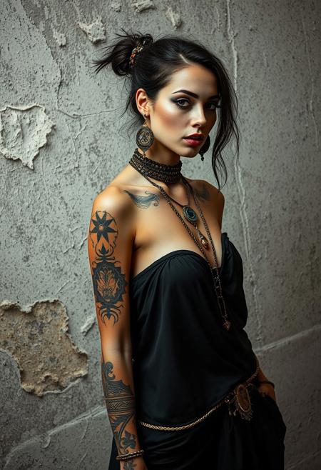 A beautiful woman, slender, tribal meets bohemian, tattoos, piercing, bohemian jewelry, modern, textured peeling wall in background, graphite, raw, gritty, dirty, mix of colors & materials, intricate, detailed, fashion photography