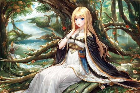 in forest; solo, waifu with blonde hair, blue eyes, white dress and black cape, sitting on tree branch; exceptional, best aesthetic, new, newest, anime, masterpiece, best quality, ultra detailed; correct anatomy, golden ratio, perspective; painting by John William Waterhouse