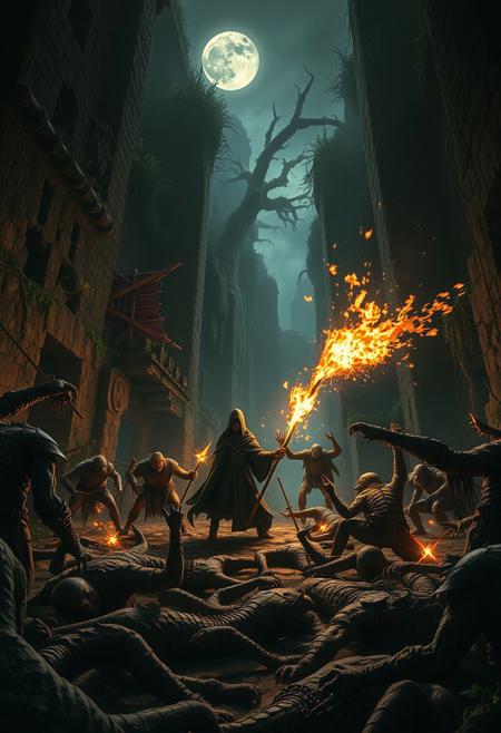 A dramatic shot captures the intensity of the standoff between Bregan D'arthe adventurers and snarling goblinoids amidst an ancient ruin's treacherous terrain. The framing features the wizard standing apart, conjuring fireballs that rain down on the enemy, while the rest of the group engages in brutal melee combat. The lighting is dim, with a fiery glow emanating from the wizard's magic and the faint moonlight filtering through the overgrown vegetation. Composition highlights the chaos, with bodies scattered across the ground, as the adventurers clash with the snapping, razor-toothed goblinoids. The subject of the photo is the ferocity of the battle, with death looming large in the background.