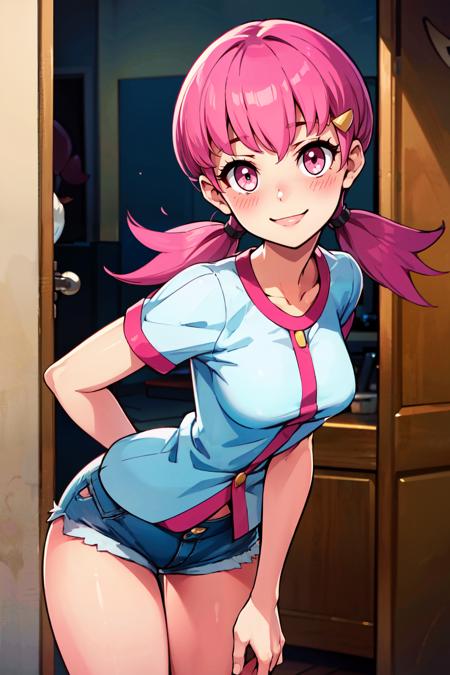 zzWhitney, pink eyes, pink hair, pigtails, hair clip,  zzWhitney, pink eyes, pink hair, pigtails, hair clip,  white shirt, denim shorts,