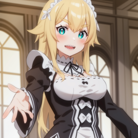 <lora:Frederica:1>,
anime screencap,
sharp teeth, 1girl, blonde hair, solo,green eyes, smile, looking at viewer, maid headdress, ribbon, bright pupils, open mouth, maid, black ribbon, dress, long sleeves, dated, :d, neck ribbon, bangs, upper body, blush, long hair,roswaal mansion maid uniform, large breasts, reaching out, facing viewer,