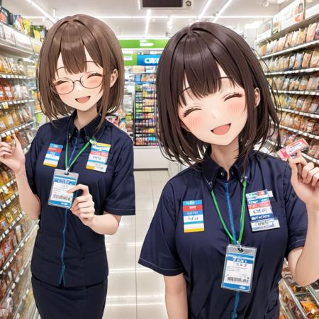 best quality, ultra-detailed,
famimaU, employee uniform, japan, 2girls, multiple girls, glasses, brown hair, convenience store, smile, head tilt, shop, id card, closed eyes, uniform, mole, looking at viewer, name tag, shirt, lanyard, grin, mole under mouth, bag, 
 <lora:FAMIMA_scenery_SDXL_V2:1>