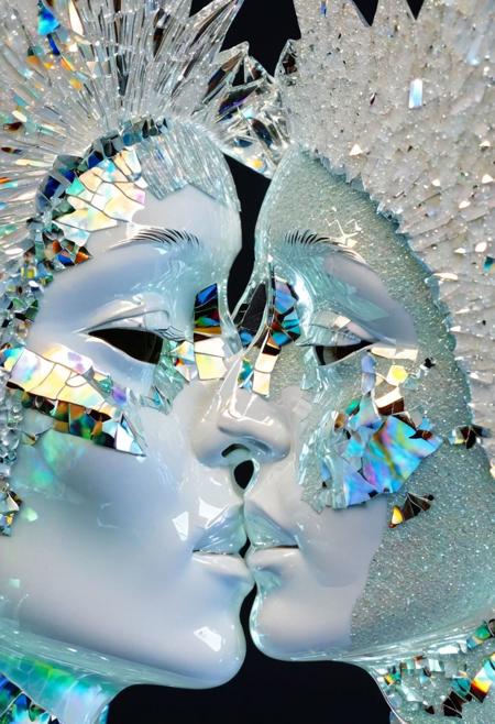 Two cracked white porcelain faces, 
Broken Glass effect, 
no background, 
stunning, 
something that even doesn't exist, 
mythical being, 
energy, 
molecular, 
textures, 
iridescent and luminescent scales, 
breathtaking beauty, 
pure perfection, 
divine presence, 
unforgettable, 
impressive, 
breathtaking beauty, 
Volumetric light, 
auras, 
rays, 
vivid colors reflects