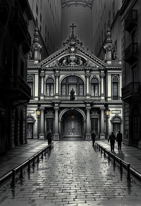 A grand, abandoned opera house, split chiaroscuro lighting creating strong contrasts. Detailed inkwork illustration, dark urban realism, gothic horror style. Moody city streets, rain-slick cobblestones, shadowy figures, muted tones, haunted architecture.