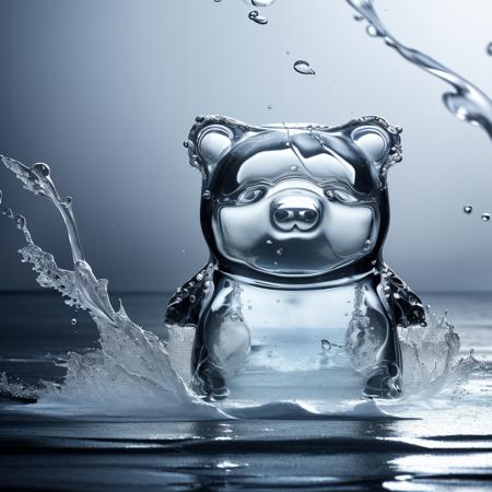 a (watercd:1.2, brightness, transparent:1.3) bear, (solo:1.2), sitting, water drop, dropping, <lora:watercd-000013:0.6>, no humans, high quality, masterpiece, realistic, photorealistic, (outdoors, on the surface of the water, the water splashed in all directions, full  body, close-up),