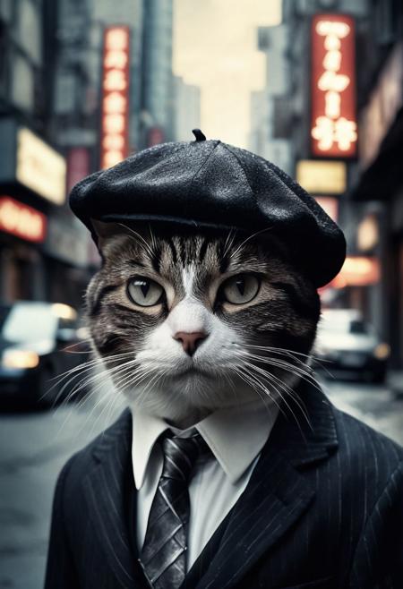 film poster of a 18's cat ((gangster)), beret, costume, tie,  film grain, hight quality, details, depth blur, dramatic atmosphere, big head, 18's street background