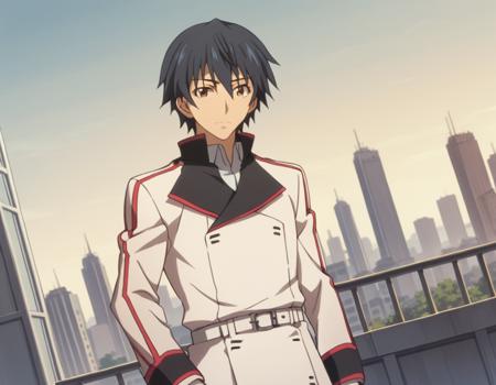 ichika orimura, black hair, male focus, brown eyes, mature male, school uniform, belt, pants, uniform, military, military uniform,