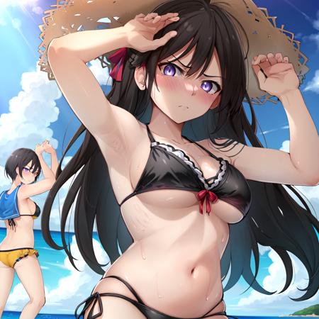 drawn in the artstyle of  <lora:MidoriV1-000009:0.8>, 1girl, black_bikini, underboob, cleavage, beach, ocean, purple_eyes, black_hair, slighlty annoyed expression, looking_at_viewer,