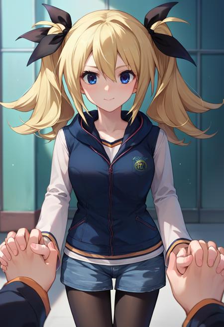 HinaSchool, blue eyes, blonde hair, twintails, white hair ribbon, black short dress, patch, white thighhighs HinaCasual, blue eyes, blonde hair, twintails, black  hair ribbon, black hooded jacket, denim shorts, pantyhose,white sleeves Hinadef, blue eyes, blonde hair, twintails,