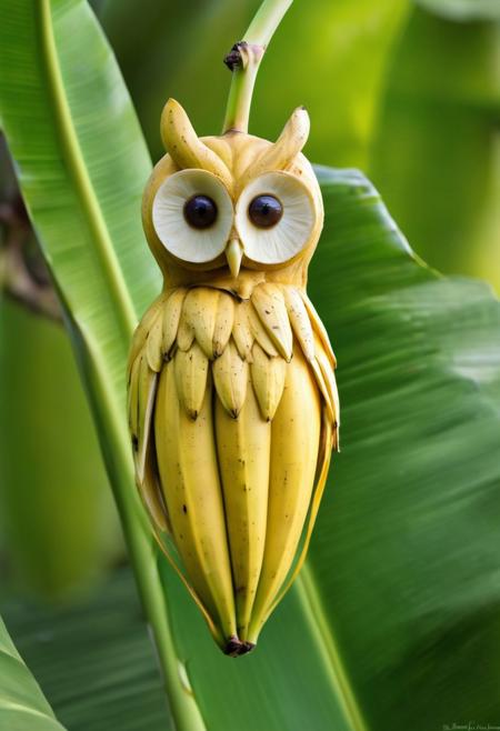 Create an image of a charming owl-like creature with the appearance and color of a ripe banana. The creature's body is elongated and curved, resembling the shape of a banana, with a smooth, bright yellow skin. Its face features large, round eyes that are slightly asymmetrical, giving it a quirky and endearing expression. The owl's beak is small and pointed, resembling the stem of a banana. Its wings are shaped like banana leaves, with a rich green color and prominent veins. The owl is perched on a branch, its talons wrapped around it, showcasing its banana-like feet. Surrounding the creature are a few ripe bananas in various stages of ripeness, some with green tips and others with brown spots, scattered on the branch and on the ground below. The background is a soft, blurred mix of green and yellow, suggesting a tropical forest setting. The overall image exudes a sense of playfulness and charm, combining the wise and mysterious nature of an owl with the cheerful and vibrant essence of a banana.