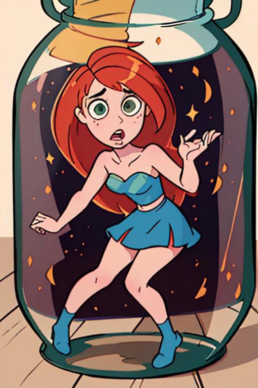 1girl, shrunken female Kim Possible as a Disney fairy dressed as Tinkerbell in a glass jar on a table.Wearing a strapless micro-miniskirt   long red hair. Her hands are pressing against the sides of the glass jar in an attempt to get out. (masterpiece, best quality, hyperrealistic, high resolution:1.2), extremely detailed, intricate details,Normal height people are looking at the jar. Image done in the style of the Kim Possible cartoon.