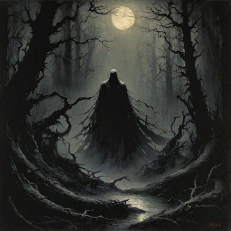 dark angel serpents, Maurice Sapiro, Stefan Koidl, Nazgl, Howard Lyo, Paul Bonner, Steven Belledin, Stanley Lau, Andreas Zafiratos, Shishizaru, zdzislaw Beksinski, Frank Frazetta, night, painting romanticism era, forest darkness, bleak, monochrome
