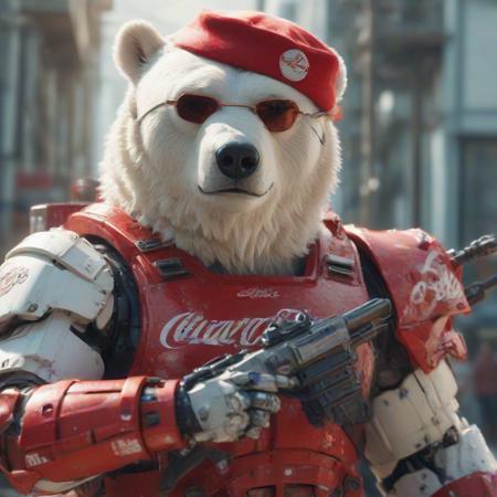 portrait, surrealistic, (bokeh:1.1), dof, awe-inspiring, majestic, overwhelming, humanoid polar-bear wearing (red coca-cola-military:1.1) metal sci-fi bulky (mecha armour:1.3) and sunglasses with (red beret:1.05) is holding a big (white rifle:1.35), harsh shadows, (sun rays:1.1)