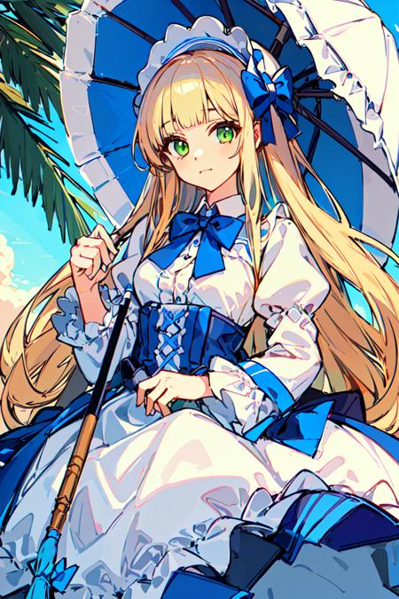 <lora:TrNyteal:0.8>1girl, solo, long hair, umbrella, dress, green eyes, blonde hair, bonnet, white dress, holding, bangs, holding umbrella, white headwear, frills, bow, parasol, very long hair, looking at viewer, closed mouth, blue bow, hat, blue bowtie, frilled dress, long sleeves, blunt bangs, bowtie