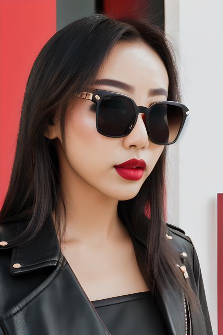 (<lora:ndoshi:0.5>), hyperrealistic, raw, shot on red camera, (kpop makeup1.4), ((black small square sunglasses)), (reflection in sunglasses:1.4), (leather jacket:1.2), red lipstick, soft light