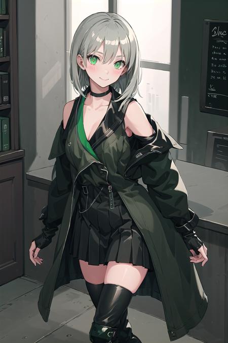 origin, 1girl, solo, skirt, smile, thighhighs, indoors, blush, pleated skirt, gloves, looking at viewer, black skirt, green coat, heart,hair between eyes, black thighhighs, bangs, short hair, collarbone <lora:JS05-pynoise:1>