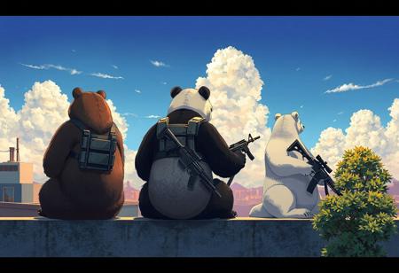 multiple bears, Grizzly bear, Panda bear, Polar bear, three bears on rooftop, sitting in a row, back view, armored, japanese armor, armor, weapons, gun, shotgun, rifle, sniper, pistols, grenades, helmet, sunny day, soft shadows, warm lighting, vibrant colors, slice of life, serene_mood, bluesky, white clouds, urban rooftop, concrete wall, plants in foreground, tree, open air, peaceful afternoon, dawn, masterpiece, amazing quality, best quality, scenery, painterly, anime coloring