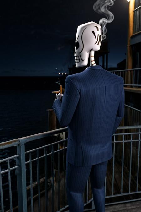 hires digital photo, photorealism, <lora:Manny_Calavera_Grimfandango_XL_000024-1056:1> high-poly 3D cinematic, retro 3D, dark background, outdoors, night, dock, ocean, m@nn1, upper body, blue suit and pants, from behind, standing behind railings, leaning over railings, looking to the side, holding cigarette, smoking cigarette, smoke, intricate details, high resolution,