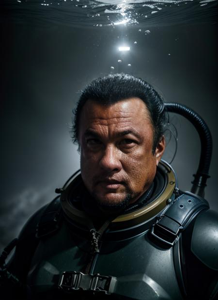 portrait of ss1,  man in Sea monster hunter: Protective diving suit, harpoon gun, diving helmet with reinforced glass, heavy-duty boots epic (photo, studio lighting, hard light, sony a7, 50 mm, matte skin, pores, colors, hyperdetailed, hyperrealistic),  <lora:StevenSeagal:1>