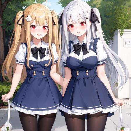 2girls, outdoors, cityscape, ADDBASE,
blonde hair, long hair, ribbon, red eyes, two side up, hair ribbon, hair ornament, black ribbon, ahoge, (small breasts), blush, very long hair, bangs, ADDCOL,
white hair, long hair, ribbon, red eyes, two side up, hair ribbon, hair ornament, black ribbon, ahoge, (large breasts), blush, very long hair, bangs, ADDROW,