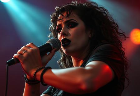 low angle shot of a dark punk rock front woman.  Tens Muskels and veins on her arms and neck from the intense performance. the shot is timed perfectly and the lights are spot on. Giving the scene a dramatic side rim lighting and a face in half shadow. Soft smoke from the smoke machines on the top of the tent is dramatically illuminated from the light show with red, green and blue lasers and strong warm spotlights. Her black shirt and her wet long curly hair is wet. her make-up is painting a pure white face with pitch black lines around her completely black eyes and black lips. 
Shot with a full-frame DSLR, 85mm lens at f/1.8 for shallow depth of field, ISO 400, 1/100 shutter speed. Cold dimm light enhanced with slight post-processing contrast boost and neutral tone grading. balancing sci-fi horror with dark fantasy. dark gothic warhammer30k theme