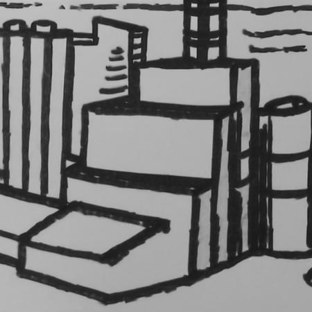 a black and white drawing of a factory