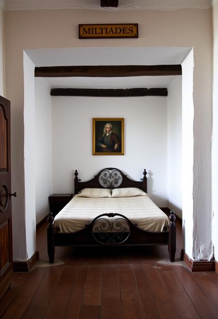 This is the bedroom of the great abjurer Miltiades, as indicated by the sign
above the doorway.  However, as is the theme with the rest of the hostel,
there is no door fitted.  There is a large bed in the centre of the room which
looks hardly slept in.  Considering the wealth Miltiades was known to have
accumulated, it seems odd that there are no magnificent ornaments, paintings
or pieces of furniture here.  Instead, the white painted walls are completely
bare.  There isn't even a wardrobe, or for that matter any clothes or personal
belongings.  The room is eerily empty.
