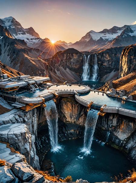 Breathtaking photography. A massive, futuristic space station. Golden hour at sunset. A series of small, cascading waterfalls in foreground.  Distant mountain range under a clear sky  in background. Award-winning, professional, highly detailed.  <lora:MJ52:0.5> <lora:RMSDXL_Darkness_Cinema:1> (HDR (High Dynamic Range), vibrant colors, high contrast, detailed, UltraHD, 8K, cinematic, 80mm, high detail)
