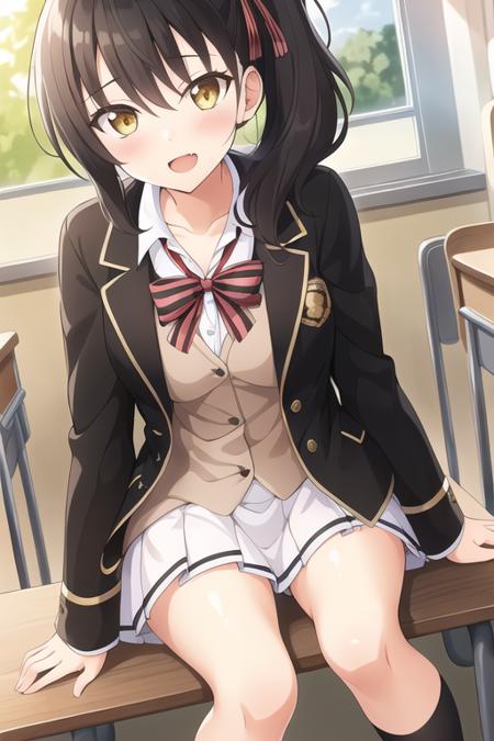 masterpiece, best quality,1girl,solo, komai hasuki,black hair,side ponytail,yellow eyes,hair ribbon,school uniform,black jacket,miniskirt,white skirt,pleated skirt,striped bowtie,black socks,<lora:hasuki:0.6>,classroom,sitting,lens flare, 