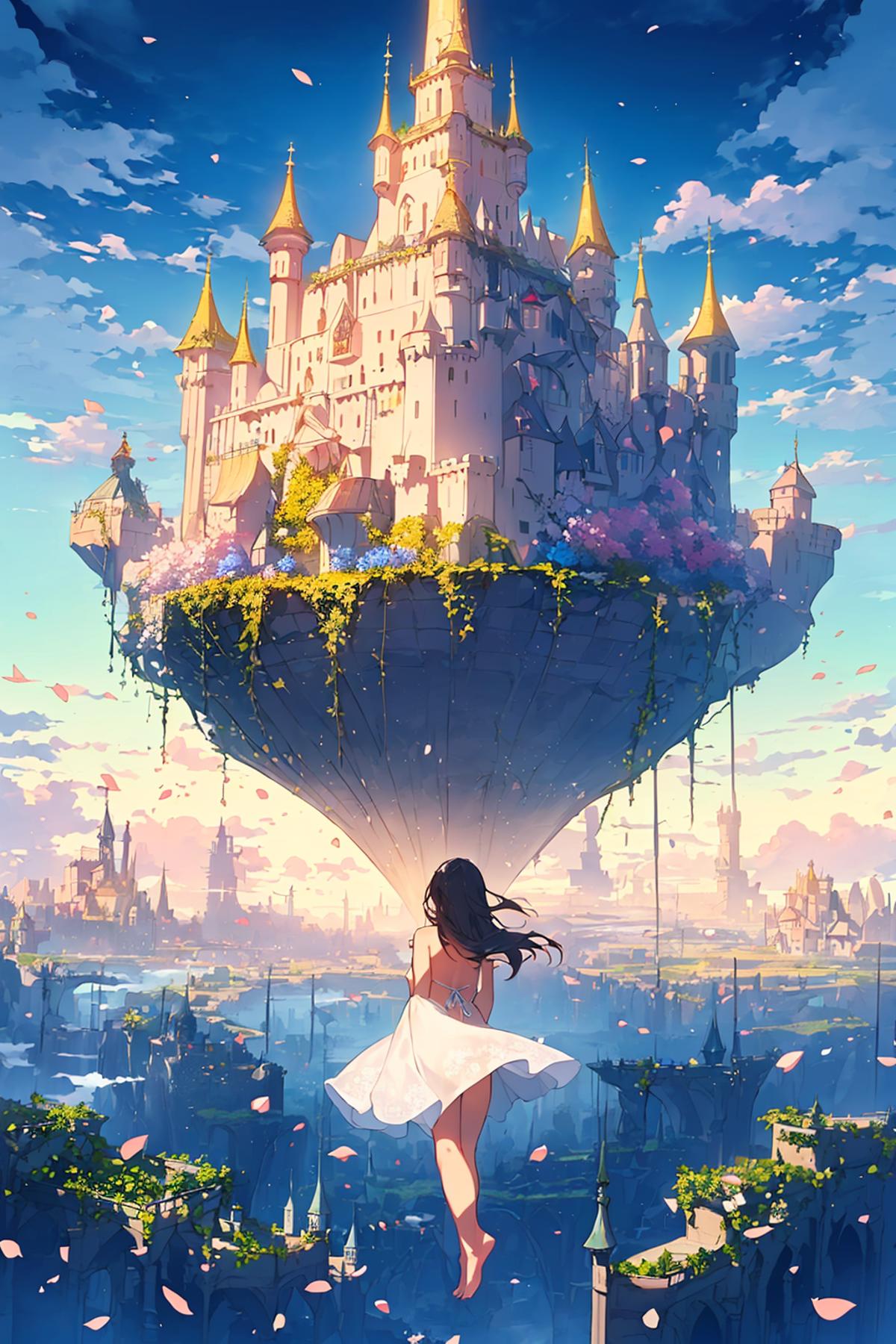 A woman standing on a hot air balloon flying over a castle.