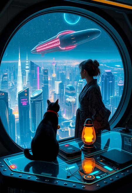 A sleek black cat with red collar and a gold bell sits on a cluttered metal riveted desk with transparent top and rgb led computer components visible inside, On the desk are a maneki neko statue and a lava lamp, the Black Cat is looking out of a seamless and futuristic floor to ceiling window that looks out at thousands of enormous wide and tall futuristic skyscrapers from a large window in a descending spaceship, a beautiful woman, 24 years old, is standing next to the cat looking out at the enormous city at night, filled with buildings of many shapes and sizes, some over a mile tall))), the woman is dressed in an ornate Japanese style bath robe. An enormous deco starship with futuristic lighting and design is visible high above the city, and a space station is visible in the background among the stars, The woman's hair is messy from just waking up and tied up with a ribbon. Artistic cyberpunk, dynamic perspective, The focus is on the black cat and woman standing together looking out the window at the view together, (((overall architectural aesthetic is Art Deco Cyberpunk))).  A large futuristic building shaped like a torii gate stands among the enormous tokyo structures,