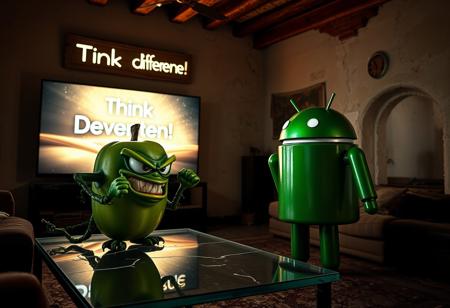 "In a dimly lit, decaying Italian apartment, a cartoonish green apple with exaggerated, glaring eyes and twisted limbs faces off against the iconic Android logo robot. The apple, perched on a cracked glass coffee table, sports a menacing grin and clenched, vine-like fists. Opposite it, the Android robot, its green metallic surface tarnished and scratched, stands in a defensive stance with malfunctioning, twitching antennae and a glare from its flickering eyes.
The massive OLED TV on the wall displays a vivid Apple computer commercial, casting a cold, flickering light that illuminates the tense standoff. Shadows from the TV’s bright visuals stretch and distort across the room, adding a dramatic effect to the confrontation.
Above the TV, a warped cardboard sign reading 'Think Different!' , its flickering LEDs casting eerie, shifting shadows on the peeling stucco walls. The room, once elegant with exposed brick and wooden beams, now feels oppressive and claustrophobic, filled with the scent of mildew. The green apple’s glossy skin and the Android’s rusty body gleam under the unsettling light, emphasizing their contrasting forms and the bizarre, hostile encounter in this decrepit, tech-infused setting."