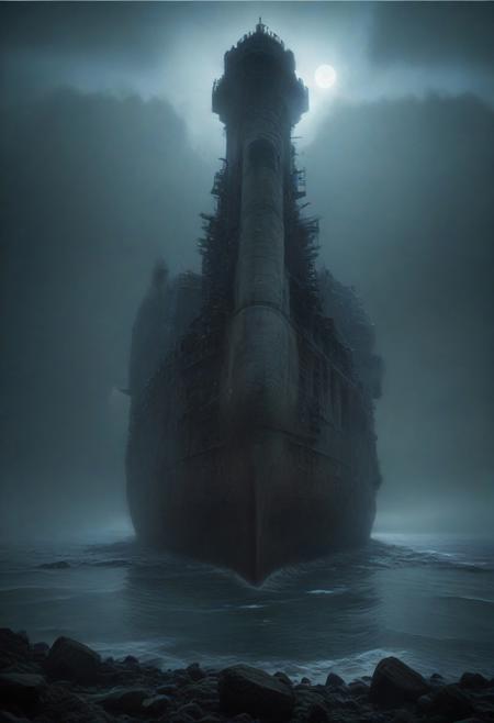 Looking up, dynamic angle, low angle, Wistful, Best quality, masterpiece, Stylish composition, gloomy lighting, moonlit night, surreal, Atmospheric perspective, An imposing (((Warship))) looms over the shot, colossal, immense, gigantic, monumental, formidable, massive, titanic scale, mechanophobia, megalophobia, derelict, calm sea glassy reflective, desolation