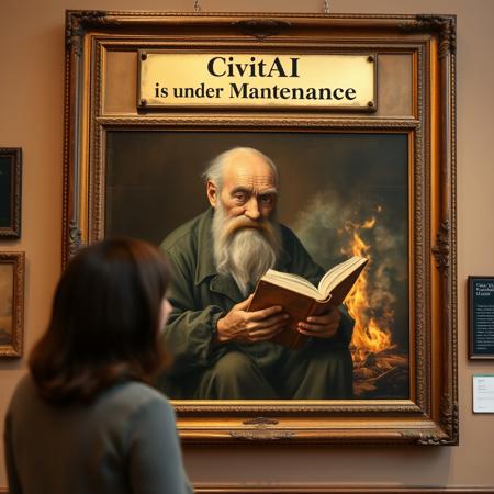 an out of frame woman inside a museum stares fondly at a very large old framed painting of an old man with his eyes hiding under extremely thick and bushy eyebrows, has a ridiculously large unkempt moustache, sitting by a bonfire reading a book, above the painting is a large plaque with the title "CivitAI is under Maintenance"