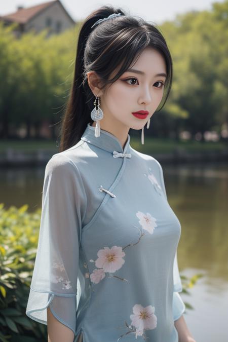 ltra-detailed,highly detailed,best quality,masterpiece,illustration,realistic,
mgftangzhuang, 1girl, solo, upper body, 
chinese clothes,shirt,hair ribbon,short sleeves, see-through sleeves,  see-through, 
blue shirt, print clothes,
hair ornament,  jewelry,  earrings, 
looking at viewer, dynamic pose, 
photo background, outdoors,riverbank,river, flower, grass, day,  depth of field, wind,
long hair, ponytail, bangs,
 <lora:mgftangzhuang_v1_03:0.7>