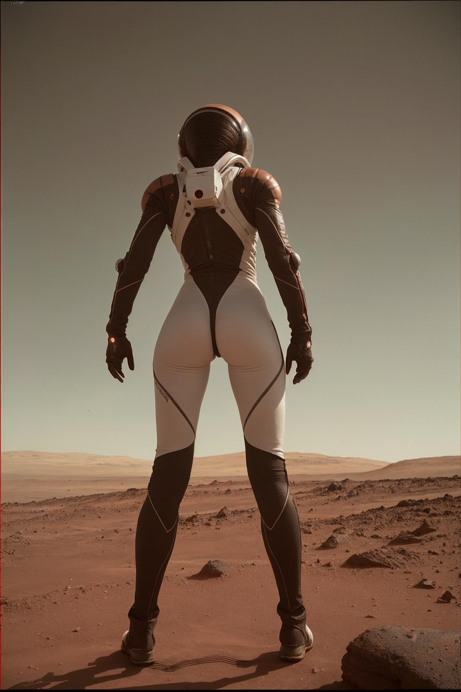 Astronaut in a white spacesuit walking on Mars.