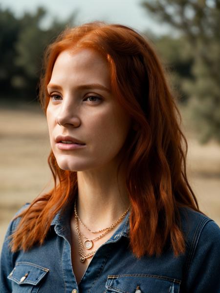 Realistic photo of a beautiful j3ss1c4c-v2 woman,  1girl, solo, long hair, (((red hair))), shirt, jewelry, belt, pants, necklace, orange hair, lips, denim, red shirt, jeans, realistic, soft lighting, professional Photography, Photorealistic, detailed, RAW, analog, sharp focus, 8k, HD, high quality, masterpiece<lora:j3ss1c4c-v2:1.0>