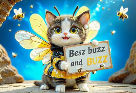 photorealistic, aidmaImageUpgrader,
a cute kitten with black fur, kitten is wearing a bee costume with bee wings,(((bees holding a sign that says "Buzz Buzz"))), sign thay says "Buzz Buzz", smile, yellow lightning, blue lightning 
1cat
highly detailed, aesthetic, great lighting, extremely detailed, award winning, perfect composition, a rich and complex image of nature, a vibrant tissue of hues and textures captured digitally, best quality, realistic, captivating, intricately detailed, hyper detailed, maximalist style, photorealist, sharp focus, dynamic lighting, superb composition, finest details, highest aesthetics, best quality, sharp focus, high contrast, stylized, clear, colorful, ultra quality, 8k, best quality, masterpiece,midjourneyv6.1
AP, no humans, animal focus, cat ,looking at viewer, animal,