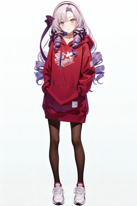 <lora:hyakumantenbara_salome by Goofy Ai:1>hyakumantenbara salome, long sleeves, standing, simple background, purple hair, blush, purple eyes, pantyhose, ribbon, red hoodie, drill hair, full body, hair ribbon, shoes, hoodie, white background, white footwear, very long hair, parted lips, 1girl, hood, purple hairband, looking at viewer, solo, parted bangs, black hairband, purple ribbon, sneakers, long hair, hairband ,arms behiond abck