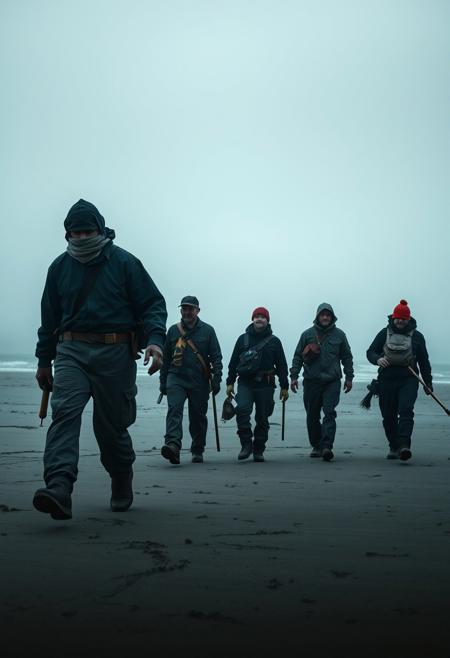 Storyboard: A group of six workers, dressed in dark, worn clothing and carrying tools and backpacks, are seen slowly walking on a desolate, fog-covered beach.