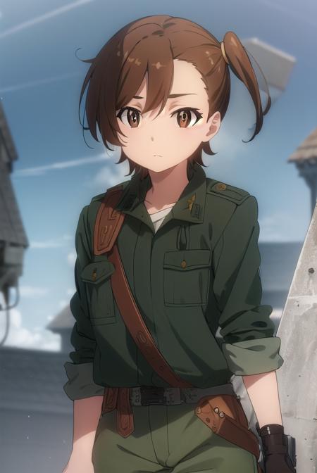 shinokuribayashi, <lora:shino kuribayashi s1s2-lora-nochekaiser:1>,
shino kuribayashi, short hair, brown hair, (brown eyes:1.7), side ponytail,
BREAK uniform, military, military uniform, (green uniform:1.5),
BREAK outdoors, forest, nature, sun, sky, clouds, trees, grass,
BREAK looking at viewer, (cowboy shot:1.5),
BREAK <lyco:GoodHands-beta2:1>, (masterpiece:1.2), best quality, high resolution, unity 8k wallpaper, (illustration:0.8), (beautiful detailed eyes:1.6), extremely detailed face, perfect lighting, extremely detailed CG, (perfect hands, perfect anatomy),