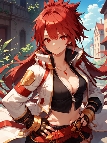 BlazingHeart, red hair, red eyes, long ponytail white coat, cleavage, gloves, asymmetrical clothes, single pantsleg