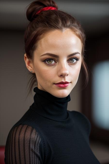 photo of kayas:0.99, ((dark red hair, hair up, hair in bun)), a woman, ((turtleneck sweater)),  ((conference room)),((red lipstick,eyeliner, eye shadow, blush)), ((best quality, masterpiece, extreme details, high resolution):1.2),((detailed eyes, beautiful eyes, detailed face, beautiful face):1.2)