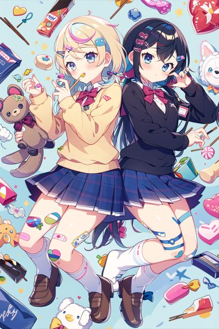 multiple girls, 2girls, skirt, heart, hair ornament, food, twintails, bow, long hair, black hair, shirt, blonde hair, socks, stuffed toy, candy, bandaid, hairclip, blue skirt, stuffed animal, low twintails, shoes, pocky, white shirt, long sleeves, looking at viewer, sweater, school uniform, blue eyes, bandaid on leg, plaid, plaid skirt, multicolored eyes