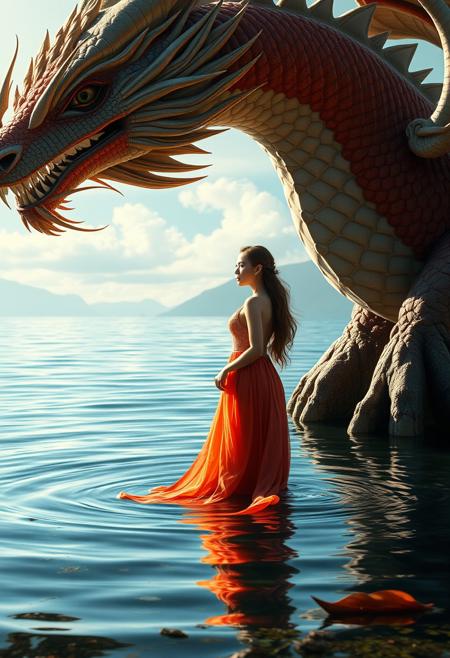 a gorgeous woman is standing in the water next to a dragon , in the style of fantasy scenes, realistic detail, theo prins, magewave, ferrania p30, evgeni gordiets, kuang hong, 8k sharp focus, photorealism, highly detailed